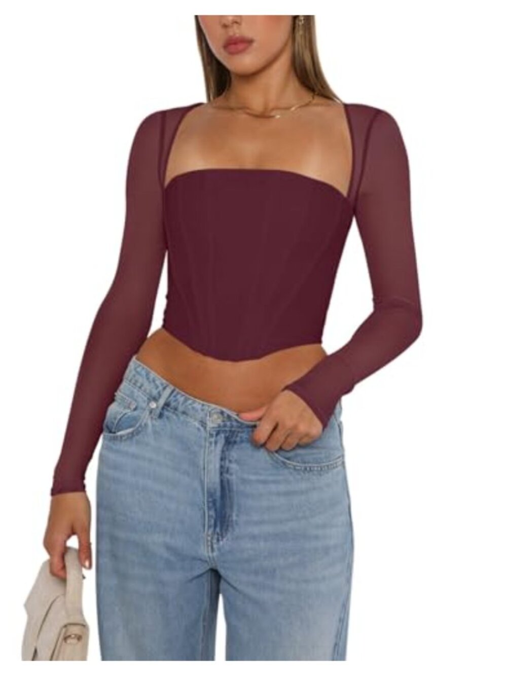REORIA Mesh Sleeve Boned Corset Top Y2K Square Neck Bustier Crop